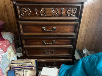 Vintage 5-Drawer Dresser With Carved Relief Accents And Antique Brass Hardware