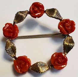 VINTAGE 12K GOLD FILLED CARVED CORAL ROSES BROOCH