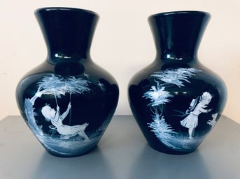 Vintage Westmorland Black Glass Hand Painted Mary Gregory Vases