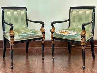 A Pair Of Vintage Lacquer And Gilt Arm Chairs By Trouvailles, Inc