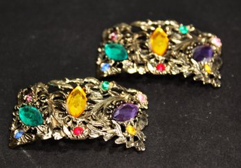 Fine Pair Of Vintage Dull Gold Tone Shoe Buckles Having Colorful Rhinestones