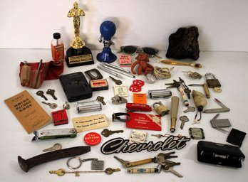 Mixed Junk Drawer Lot With Chevy Car Badge, R.R. Spike, Horn, Jackknives, Collectible Keys, Rabbit Foot, Etc.