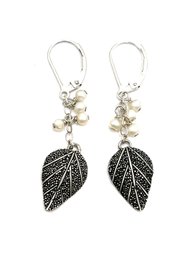 Vintage Sterling Silver Textured Leaf Dangle Earrings