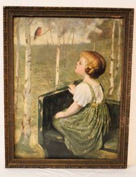 Antique Framed Lithograph Of Little Girl Watching A Bird