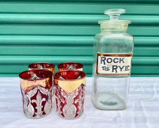 Four Ruby Cut To Clear Lowballs And A Rock & Rye Decanter (5)
