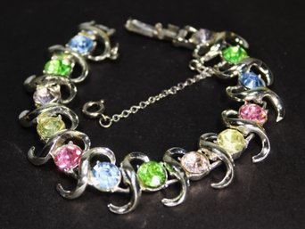 Signed 'coro' Multi Color Rhinestone Rhodium Plated Link Bracelet