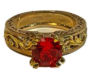 Sterling Silver Fancy Setting Red Stone Ring 925S Filigree Setting Size 5.5