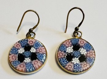 VINTAGE GOLD OVER STERLING SILVER MURANO MILLEFIORI DANGLE EARRINGS