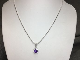 Gorgeous Brand New Sterling Silver / 925 Chain With Sparkling White Zircon And Amethyst Teardrop Pendant