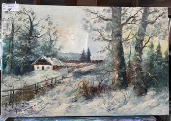 Oil On Canvas Winter Scape Signed Lower Left