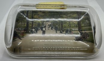 Large Antique Circa 1900 Colorized Pictorial Glass Paperweight Of 'BOSTON COMMONS'