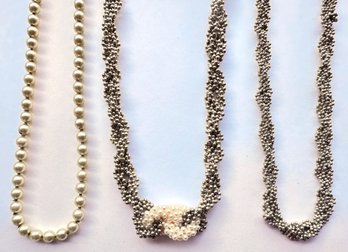 3 Vintage Necklaces: Sterling Silver Beads With Pearls, Sterling Silver Beads & Pearls