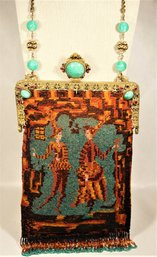 Large Very Fine Victorian Micro Glass Beaded Purse Gilt Frame Having Jadeite Jewels