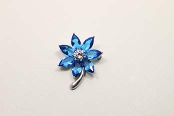 Sterling Silver Blue Rhinestone Flower Pin