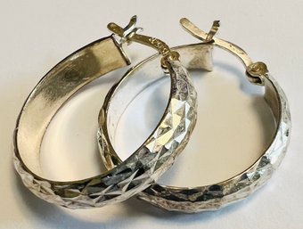 SIGNED RSE STERLING SILVER DIAMOND CUT HOOP EARRINGS