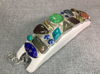 Incredible Sterling Silver & Multi Gemstone Toggle Bracelet - Turquoise - Lapis - Sunstone - Biwa Pearl & More