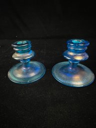 Blue Irredescent Fenton Candlestick Holders