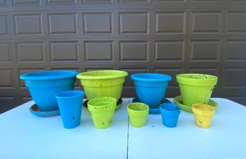 Set Of 9 Painted Pots- Blue, Green, And Yellow