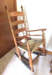 Antique Ladder Back Rocking Chair With Rush Seat