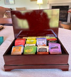 Beautiful Brown Tea Chest- Wooden With Brass Handles, Lift Lid And Interior Storage Compartments