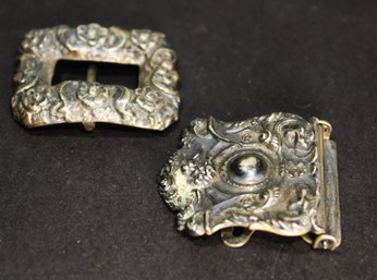 Two Victorian Period Sterling Silver Buckle Parts In Repousse