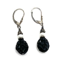 Vintage Sterling Silver Onyx Color Beaded Dangle Earrings