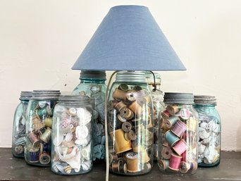 Antique Blue Glass Mason Jars - Filled With Thimbles, Shells, And Fitted With Electricity As A Lamp