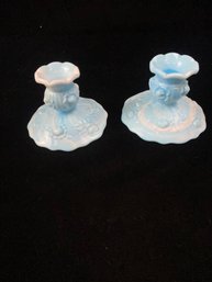 Fenton Cabbage Rose Blue Slag Candle Holders