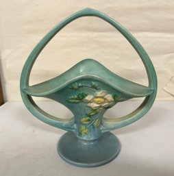 1940 Roseville USA Pottery White Rose/Green And Blue Decorative Basket Design Vase #363-10. MB - B3