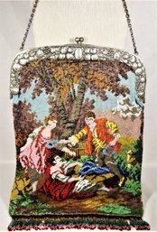 Very Fine Victorian Glass Micro Beaded Bag Purse With Figures In Landscape .800 Silver Frame