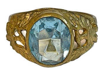 Gilt Brass Ring Having Aqua Colored Stone And Eagle Motifs