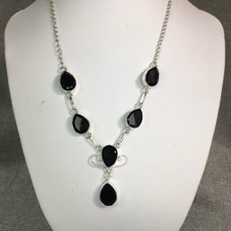 Lovely 925 / Sterling Silver And Teardrop Onyx Drop Necklace - Very Pretty - Brand New - Never Worn - NICE !