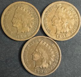 Lot Of 3 Indian Head Pennies 1905, 1906, 1907