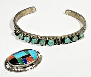 Sterling Silver Native American Turquoise Cuff Bracelet (missing Stone) And Fragment Inlaid