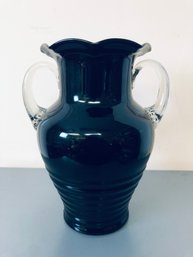 Antique Black Amethyst Glass With Clear Applied Handles Ribbed Bottom Vase