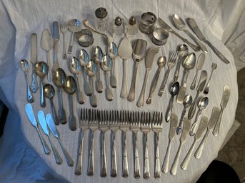 Vintage Set Of 55 Silver Plate Utensils, Servingware, Shakers