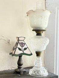 A Vintage Stained Glass Accent Lamp And Antique Cut Glass Oil Lamp