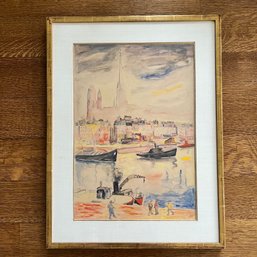 An Original Watercolor London Harbor Scene - Gilt Frame With A Linen Matte - Gold Border - Vintage