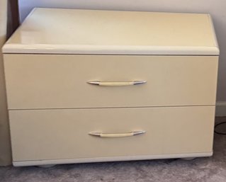 Retro Ivory Lacquer Night Stand From Italy With Two Drawers And Short, Round Wooden Legs - Lot 1