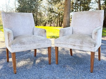 A Pair Of Modern Beeson Arm Chairs In Piped Khaki Velvet By Walter E. Smythe