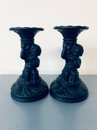 Vintage Black Glass Cherub Candle Sticks / Candle Holders