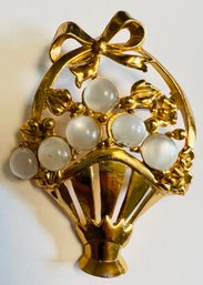 VINTAGE GOLD TONE FAUX MOONSTONE BASKET OF FLOWERS BROOCH