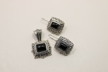 Sterling Silver Onyx Earrings And Pendant