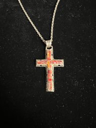 Vintage Sterling Silver & Coral Cross Necklace