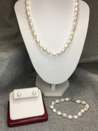Wonderful Brand New Freshwater Baroque Pearl Suite - Necklace - Bracelet & Earrings - Sterling Silver Mounts