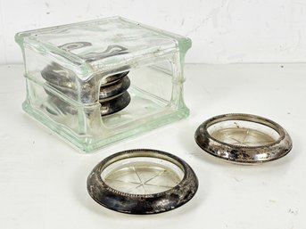 Sterling Rimmed Glass Coasters In A Glass Block Caddy