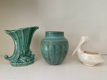 Vintage McCoy Vase, A Signed Pottery Vase And A Pelican Planter