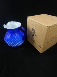 Fenton Art Glass Hobnail Pitcher Cobalt Blue Milk Glass Overlay