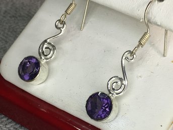 Beautiful Brand New 925 / Sterling Silver & Amethyst Earrings - Delicate Design - Never Worn - VERY NICE !