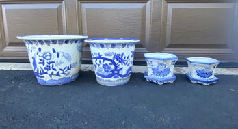 Set Of 4 Blue And White Planters, Made In Thailand